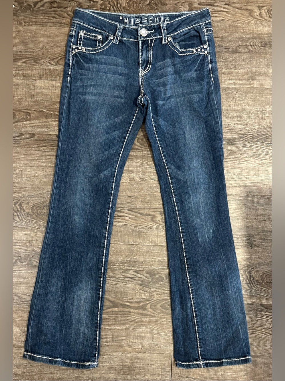 Miss Chic Y2K Low Rise Bootcut Jeans Sz 7 Rhinestone Fleur de Lis MC1850C